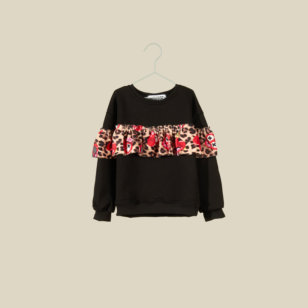 Felpa nera girocollo con rouches Leopard