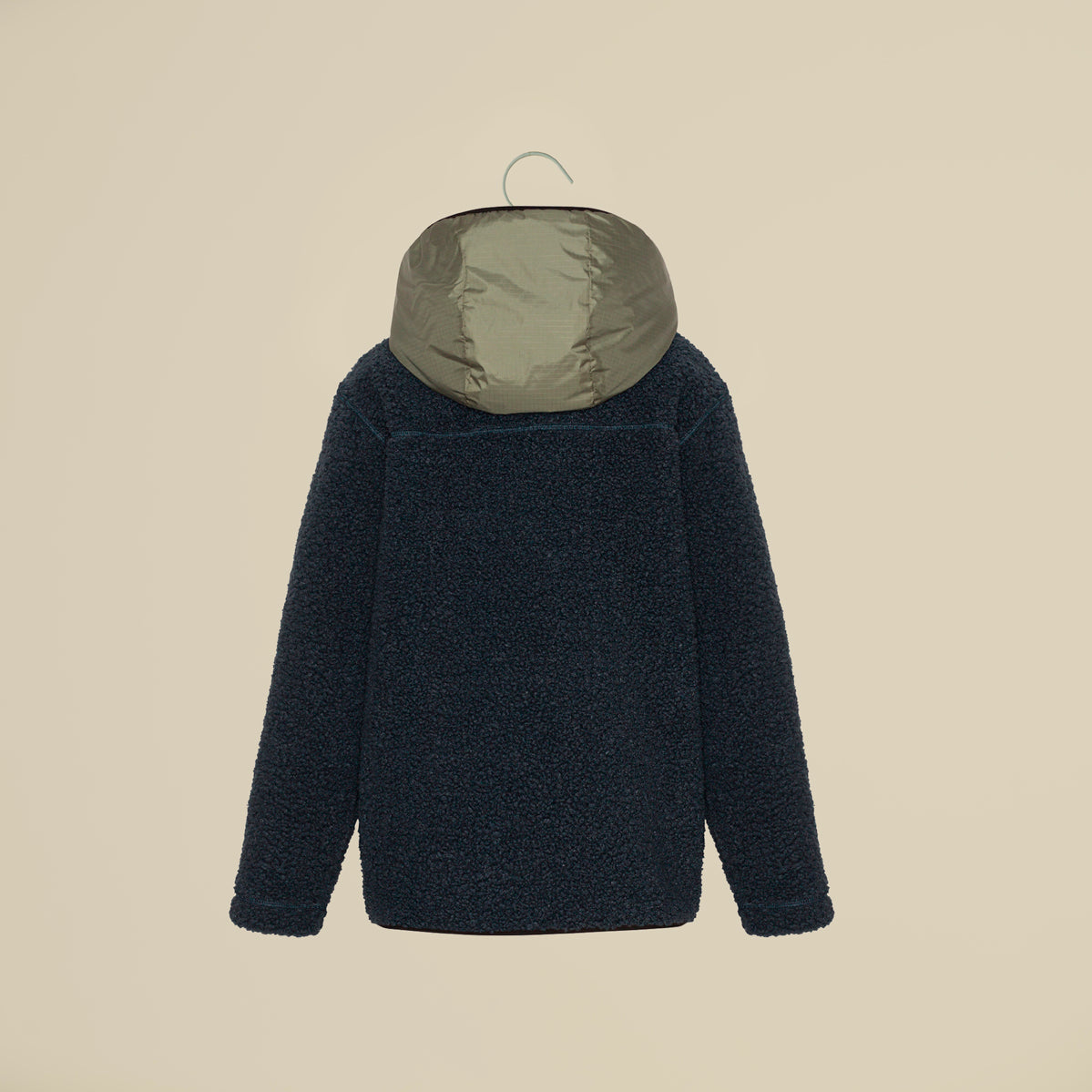 Giaccia in pile blu e verde con cappuccio