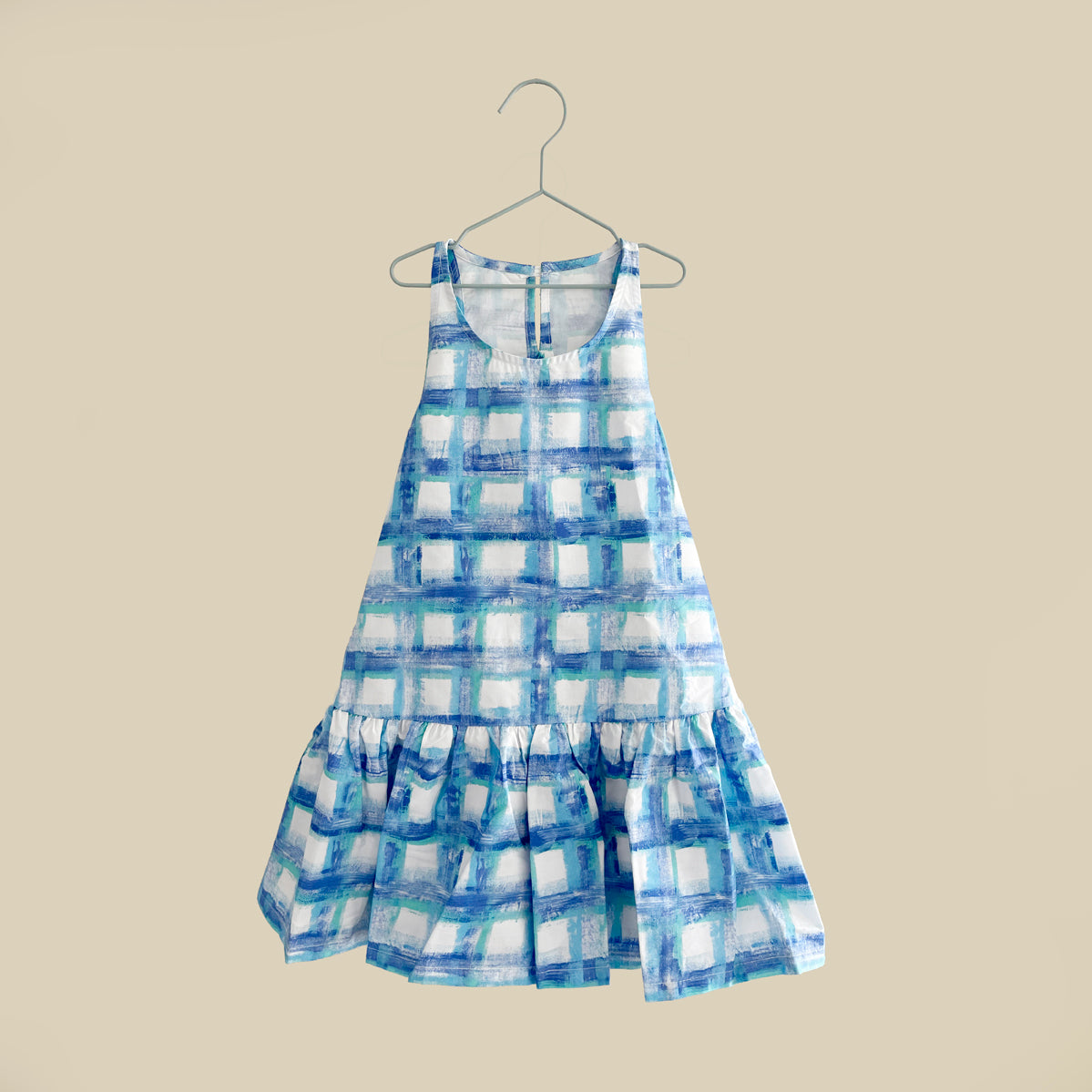 Vestito smanicato in cotone croccante a quadri blu e bianchi
