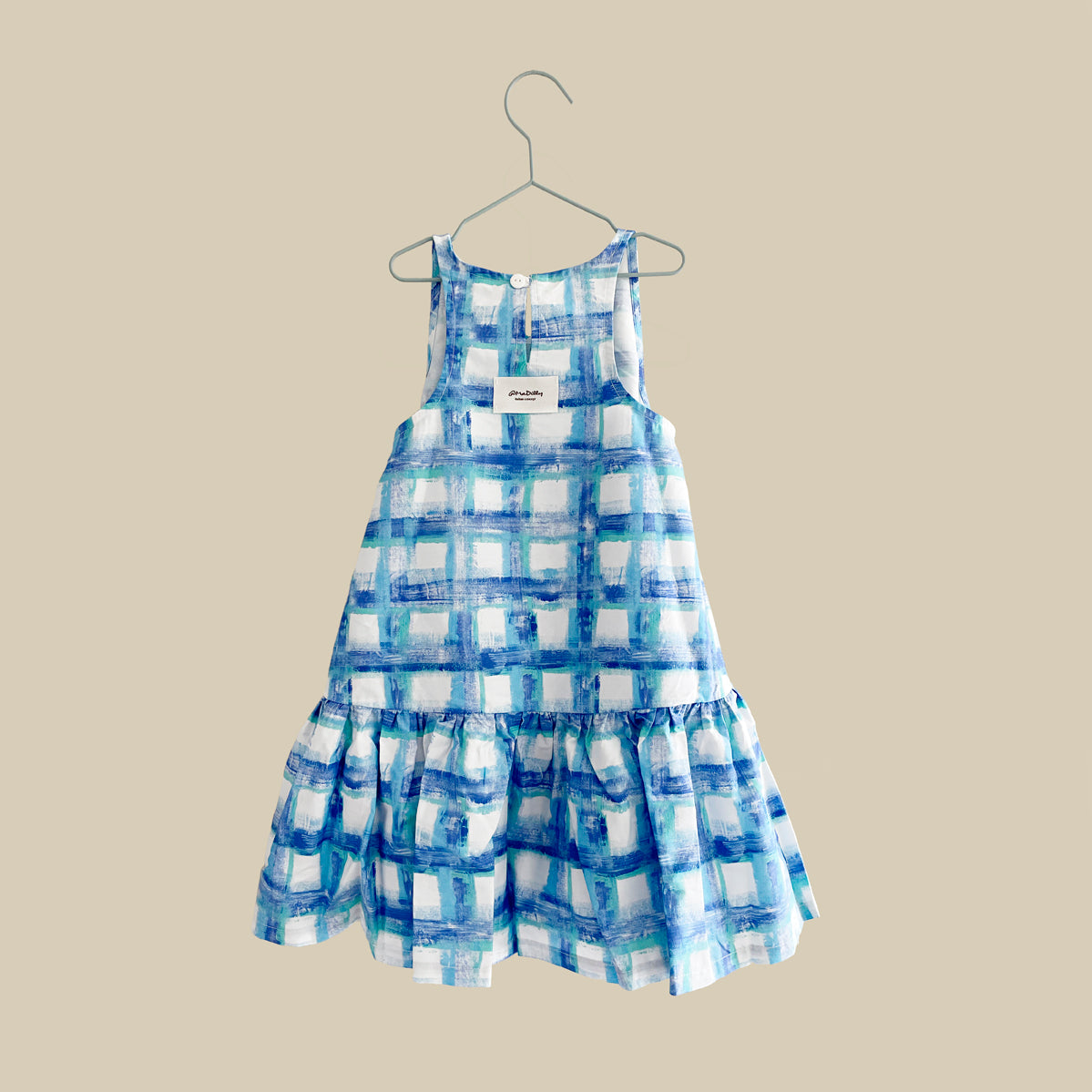 Vestito smanicato in cotone croccante a quadri blu e bianchi