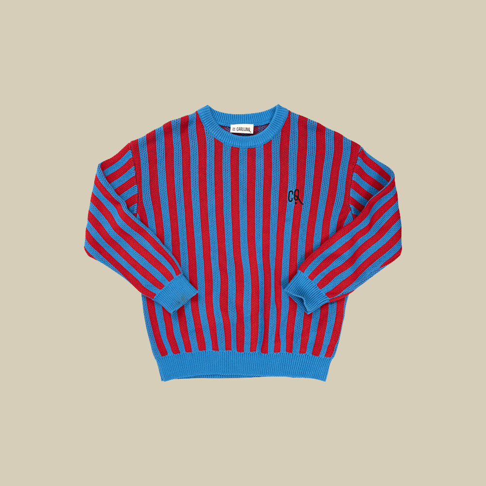 Maglione girocollo a righe blu e rosse