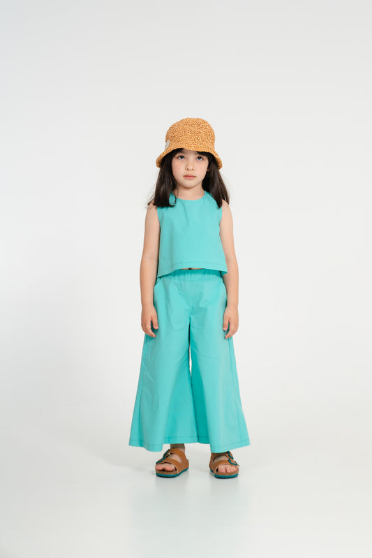 Top smanicato in cotone croccante acqua marina