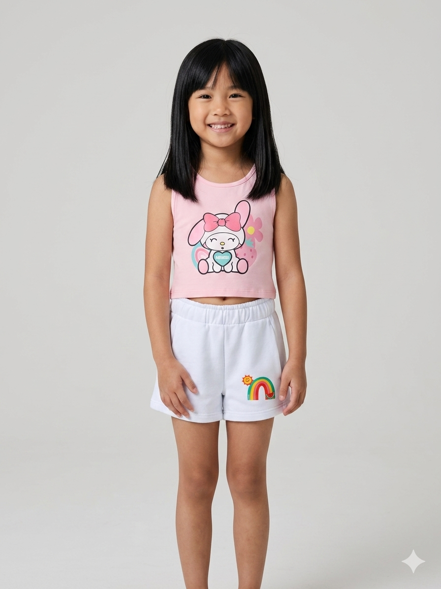 Shorts in tuta bianchi con arcobaleno
