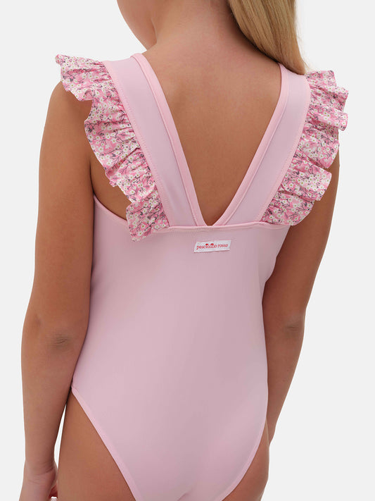 Costume intero con rouches laterali in lycra fiorellini rosa