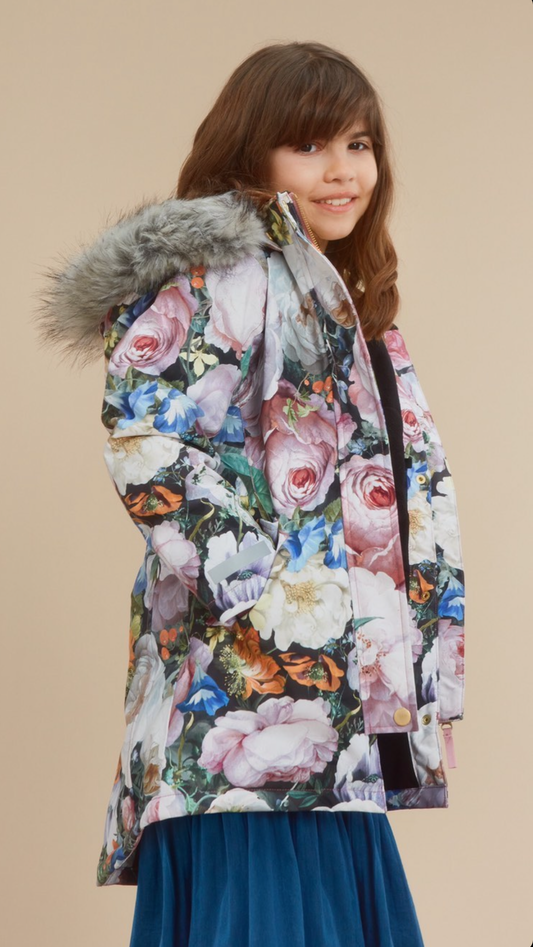 Giaccone imbottito a stampe fiori con cappuccio