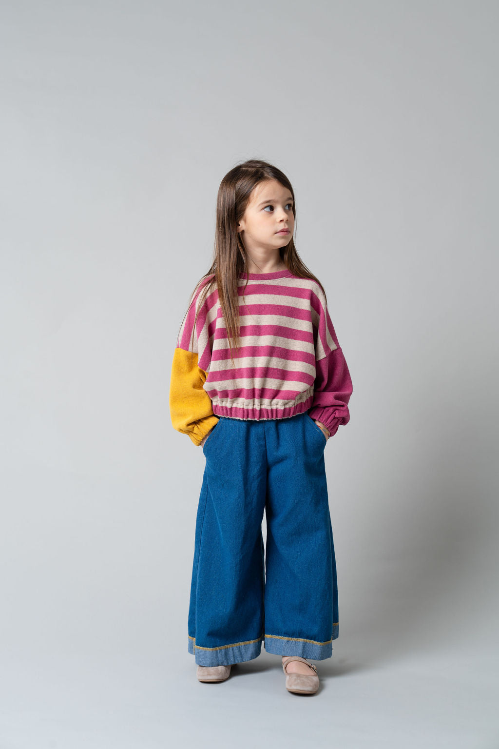 Maglia in caldo cotone righe orzo e rosa