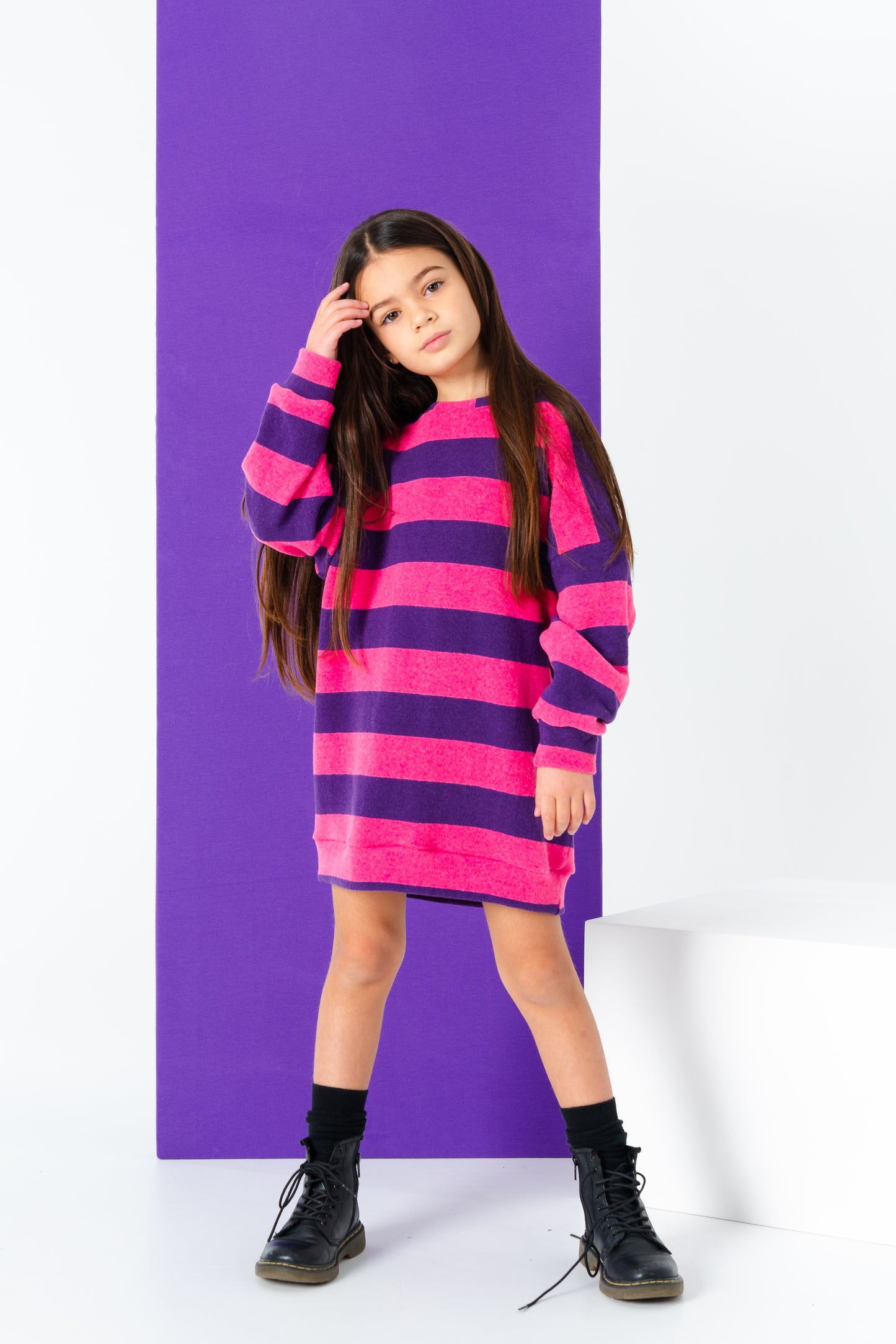 Maxi maglia a righe malva e oliva