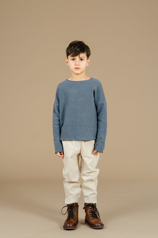 Maglia in caldo cotone con microrighe tabacco e cobalto