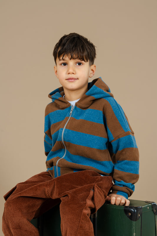 Maglia con zip e cappuccio righe tabacco e cobalto