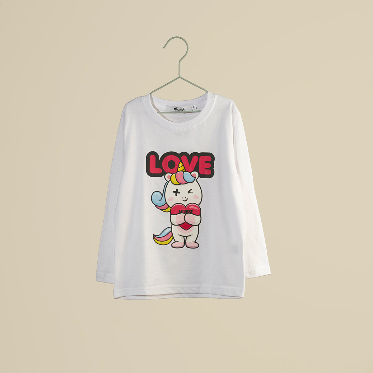 T-shirt bianca a manica lunga con unicorno "Love"