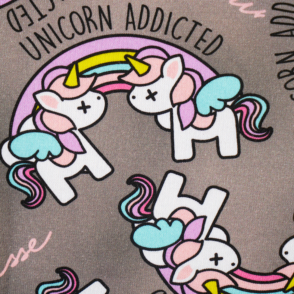 Vestito grigio con cappuccio e stampe Unicorn Addicted