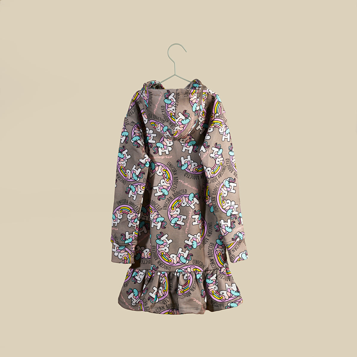 Vestito grigio con cappuccio e stampe Unicorn Addicted