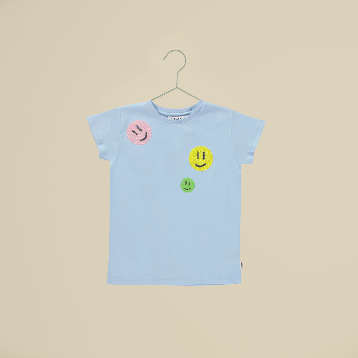 T-shirt azzurra mezze maniche con Smile in paillettes