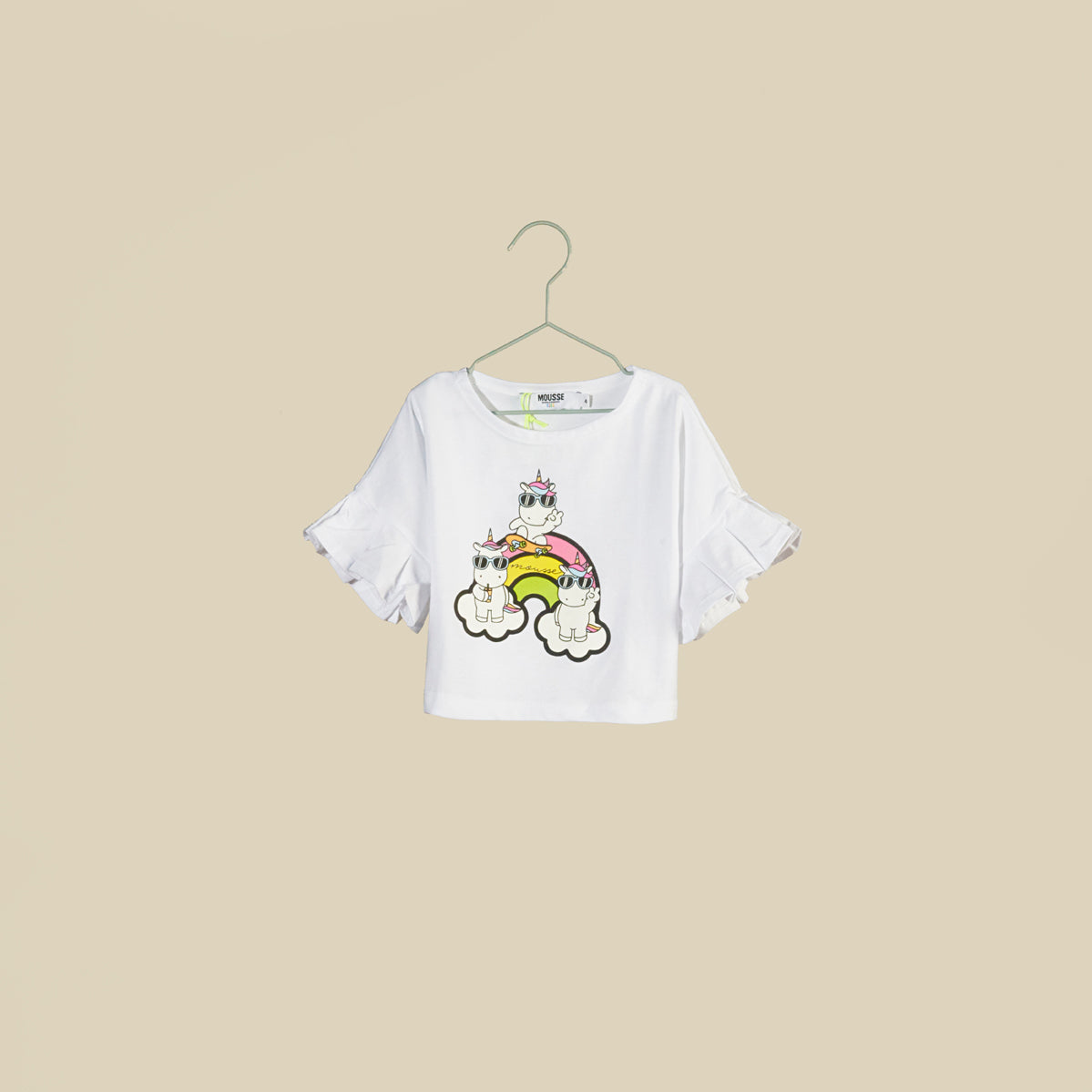 T-shirt crop bianca con maniche a balze e stampa Unicorn Boss