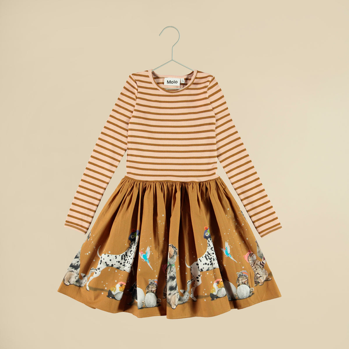 Vestito marrone con top a costine maniche lunghe e gonna con animali