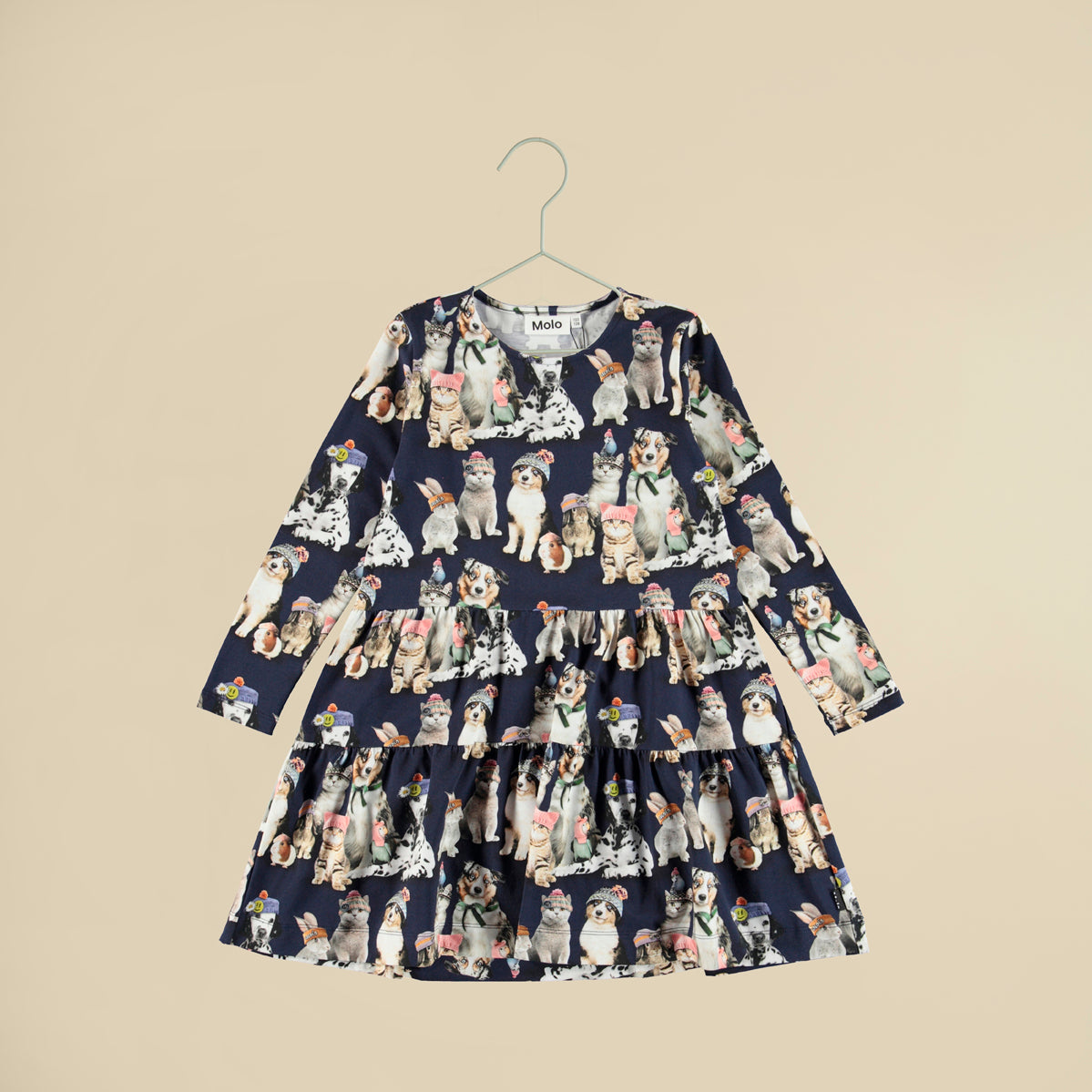 Vestito blu maniche lunghe in cotone e stampe animali