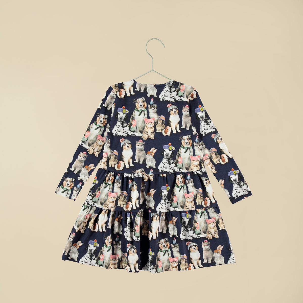 Vestito blu maniche lunghe in cotone e stampe animali