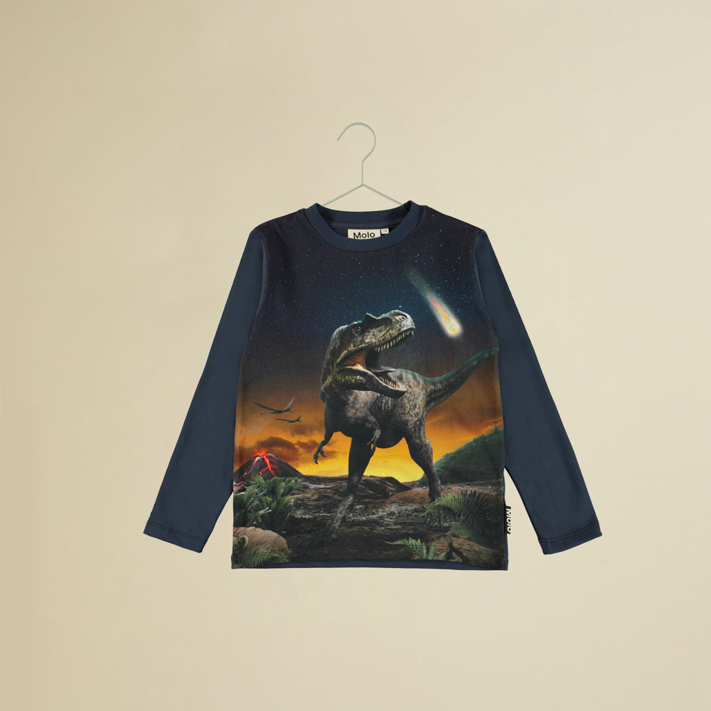 Maglietta blu maniche lunghe con stampa dinosauro