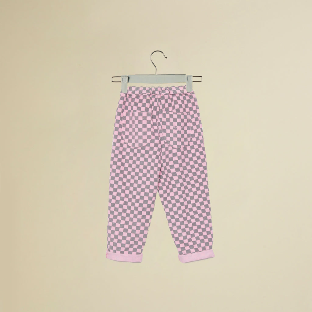 Pantalone a quadretti grigie e rosa a costine