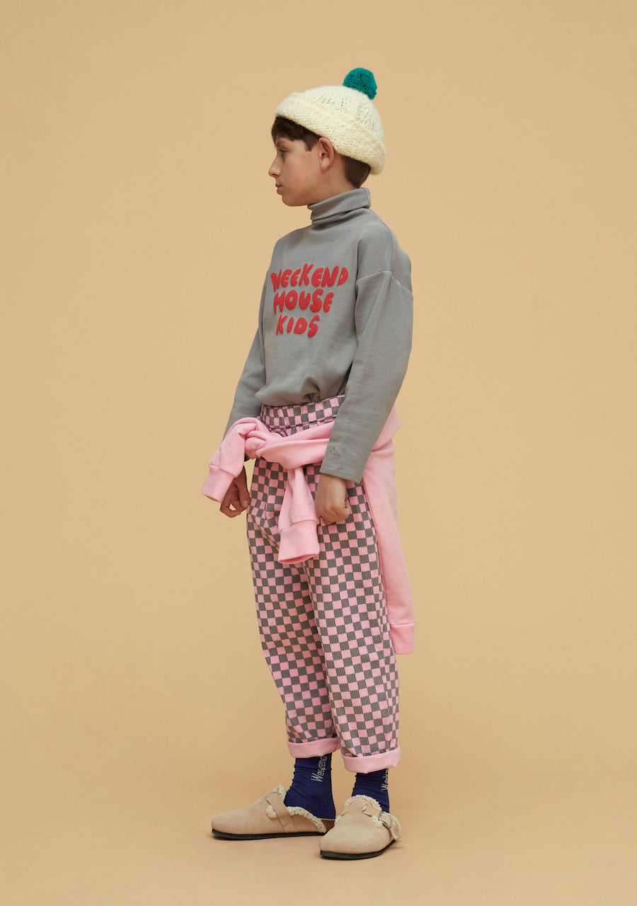 Pantalone a quadretti grigie e rosa a costine