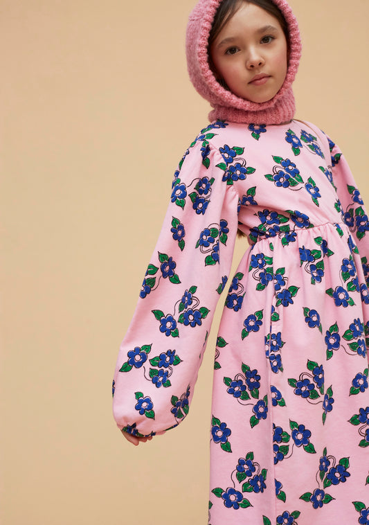 Vestito maniche lunghe rosa con fiori azzurri