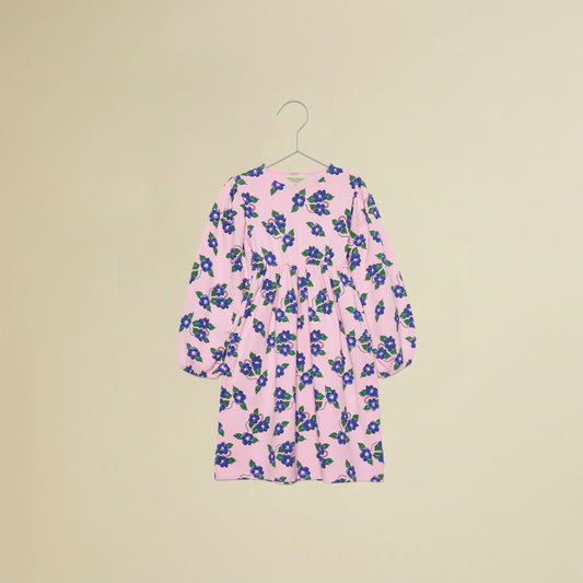 Vestito maniche lunghe rosa con fiori azzurri