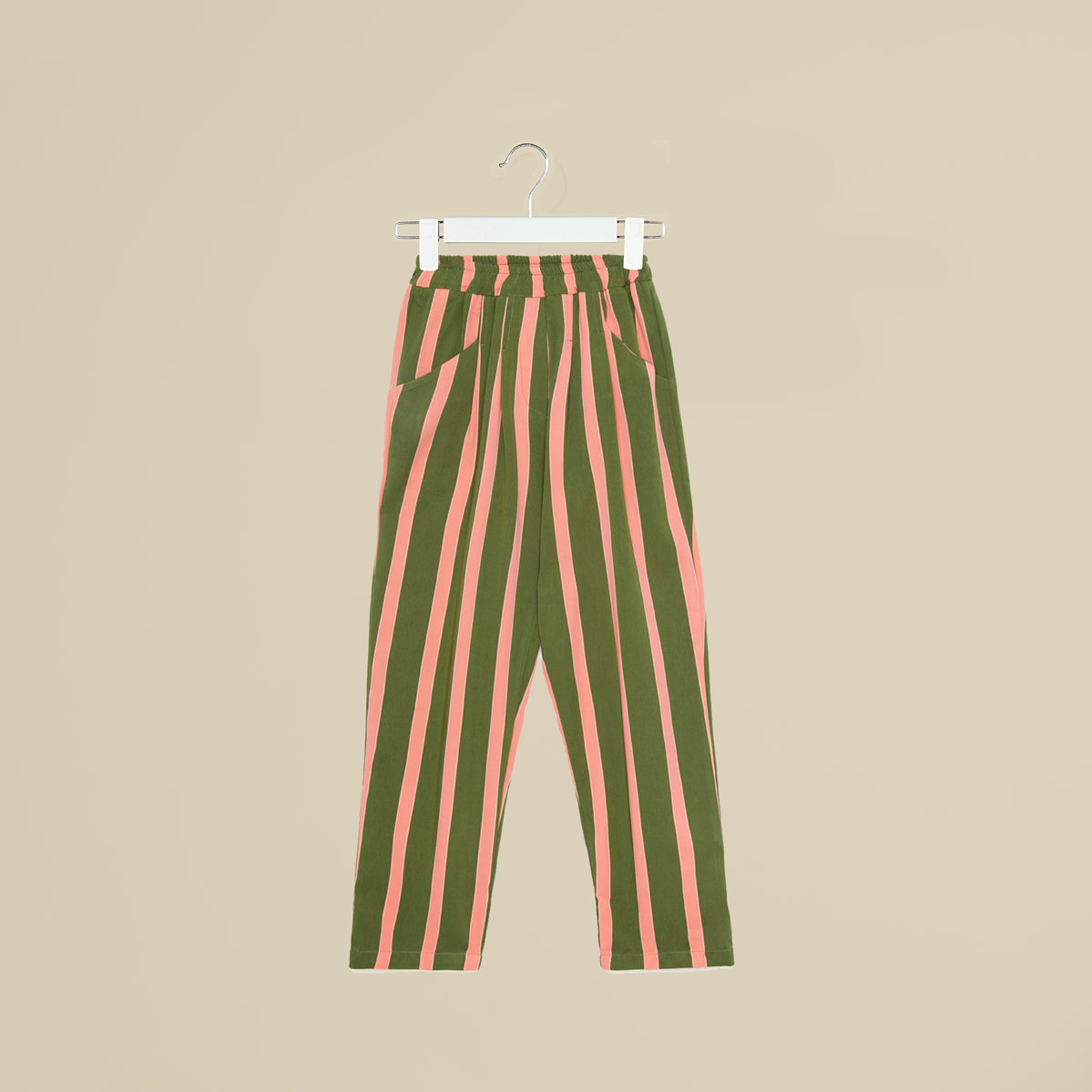 Pantaloni in tessuto a righe verdi e rosa