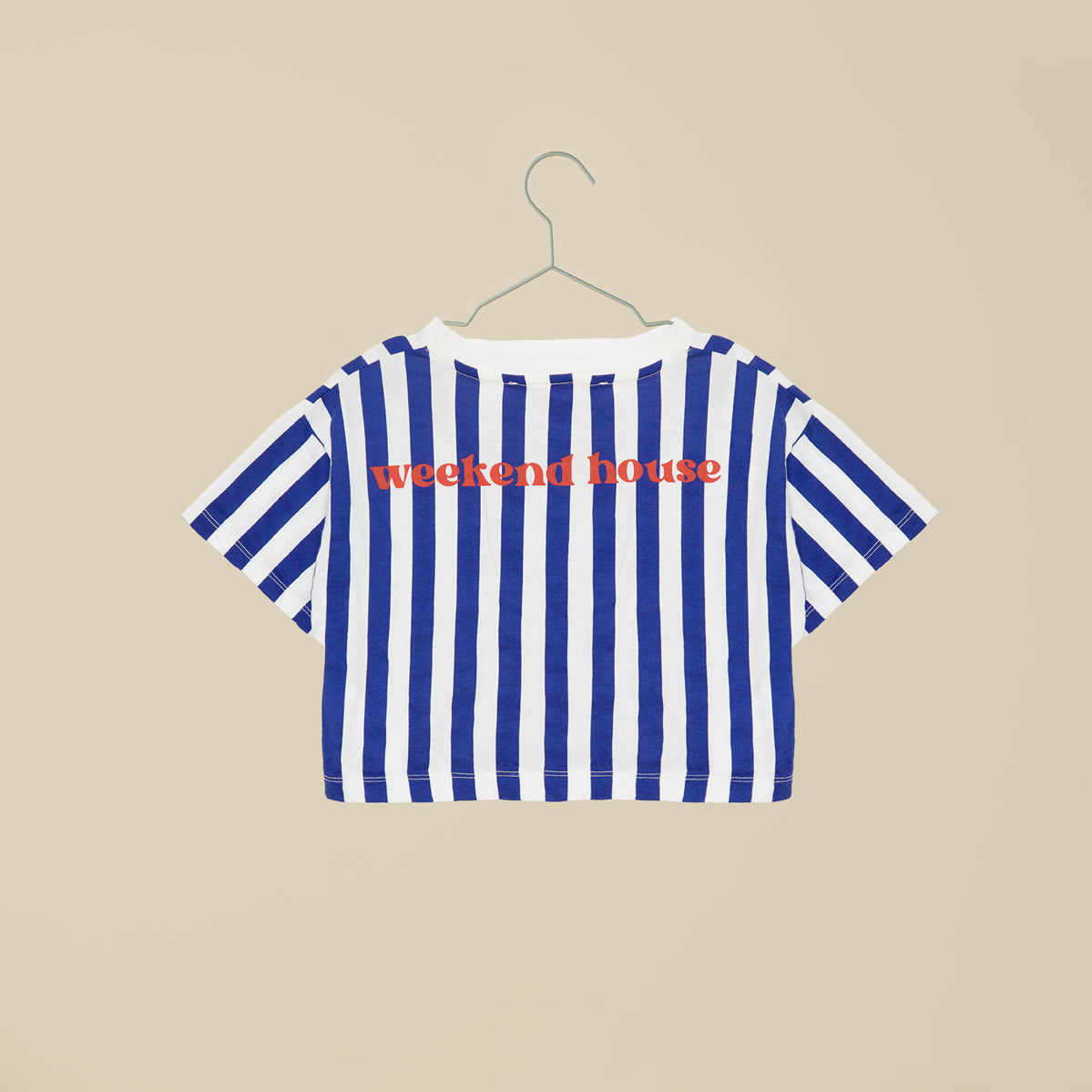 T-shirt crop a righe bianche e blu