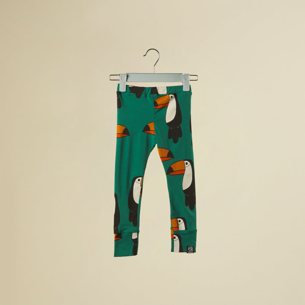 Leggings elasticizzati in cotone verde, stampe "Tucano"