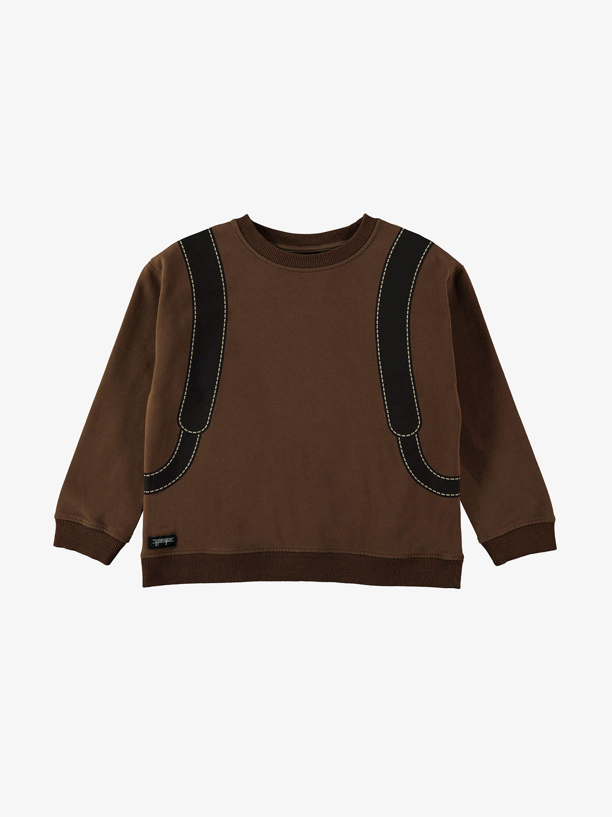 Felpa girocollo marrone con piccolo zaino sul retro