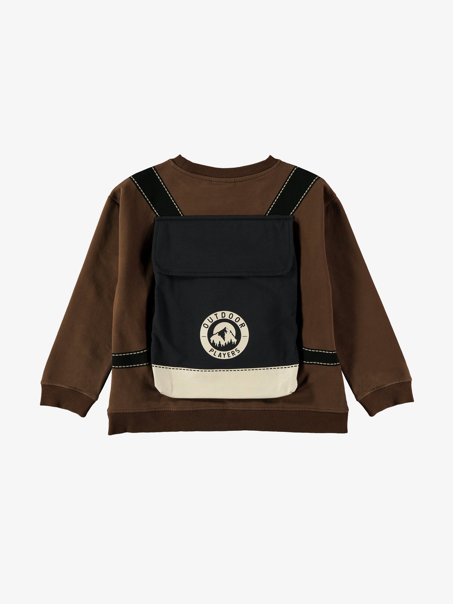 Felpa girocollo marrone con piccolo zaino sul retro