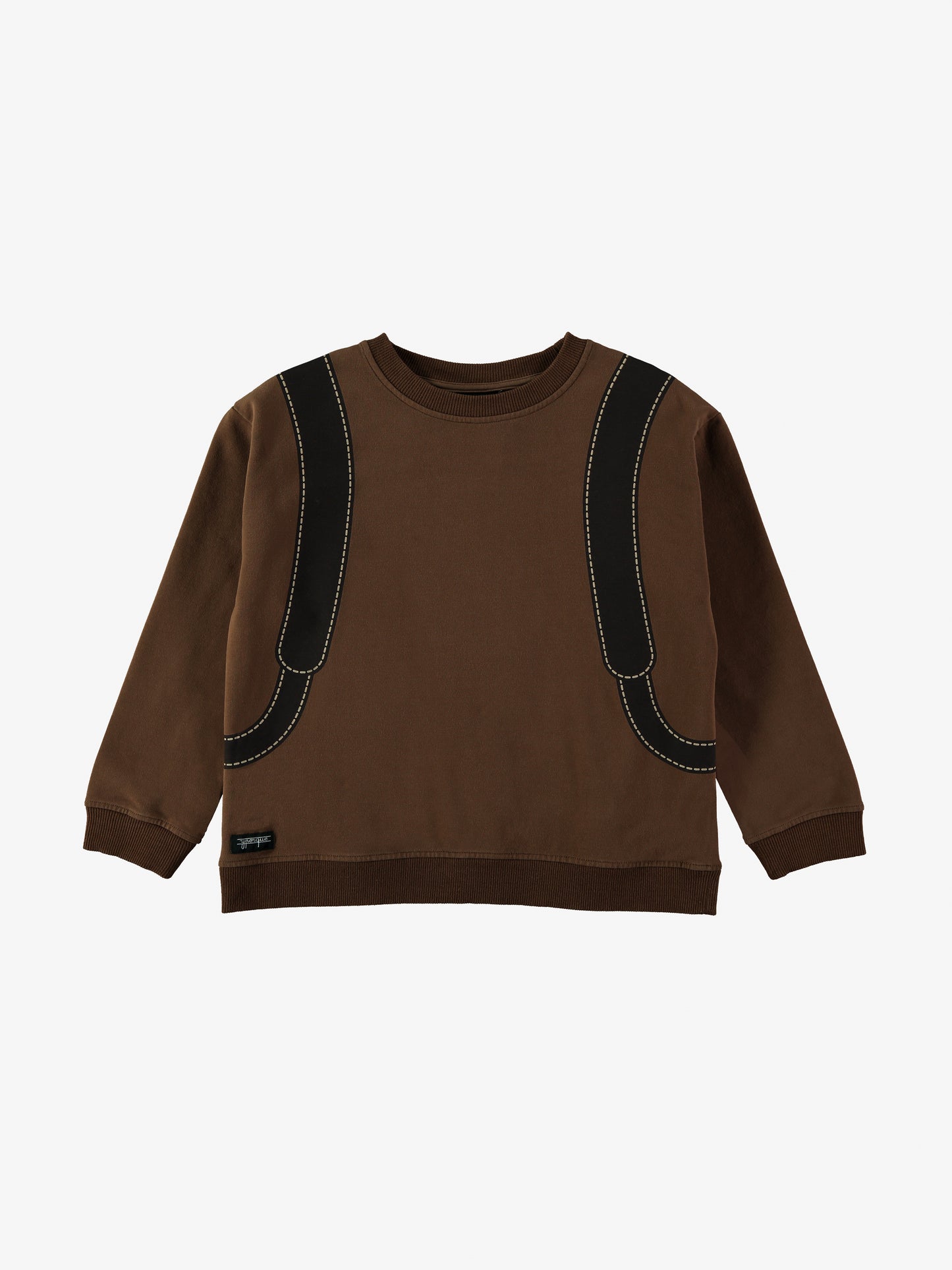 Felpa girocollo marrone con piccolo zaino sul retro