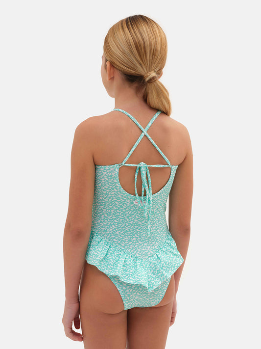 Costume intero con balza in lycra pesciolini verdi