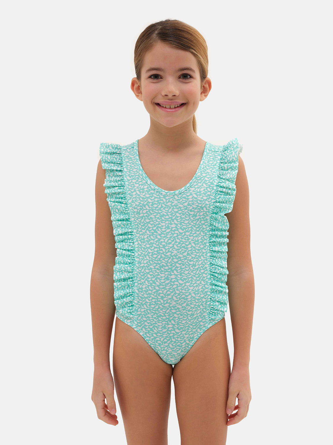 Costume intero con rouches laterali in lycra pesciolini verdi