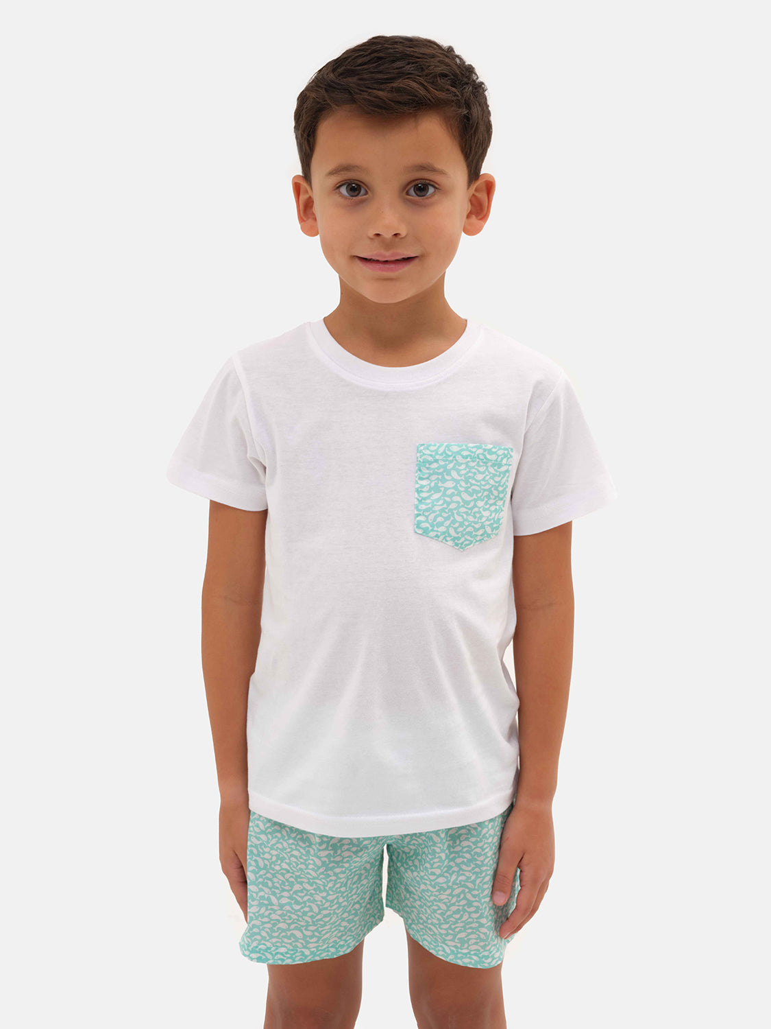 T-shirt bianca maniche corte con taschino liberty Pesciolini verde acqua