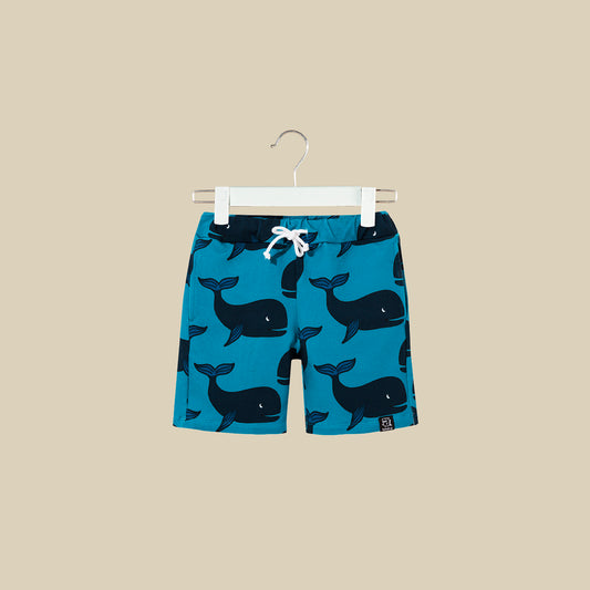 Shorts blu con stampa balene