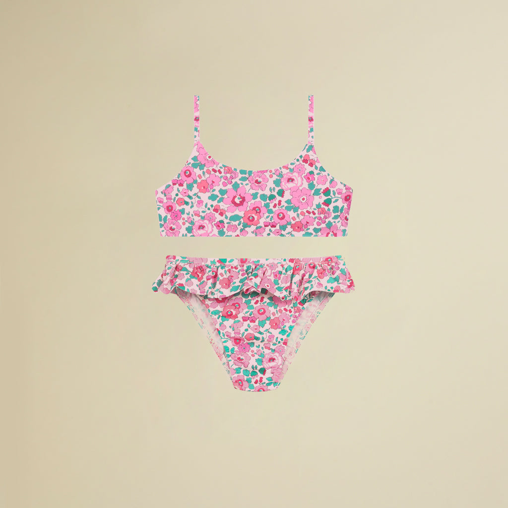 Bikini con top a fascia e slip con balza in Lycra