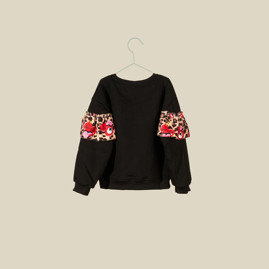 Felpa nera girocollo con rouches Leopard
