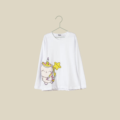 T-shirt bianca a manica lunga con Unicorno