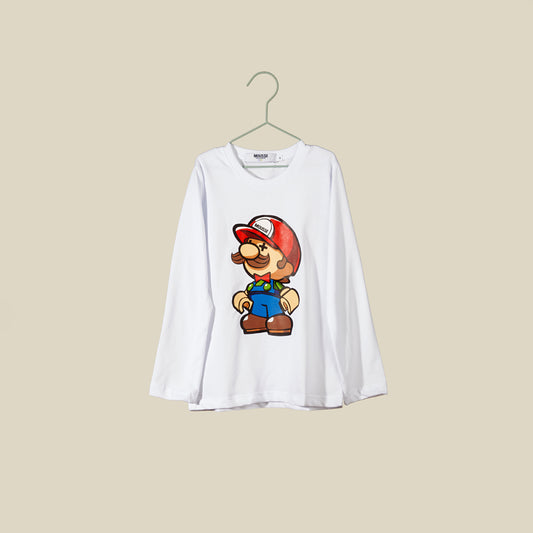 T-shirt bianca a manica lunga con Super Mario