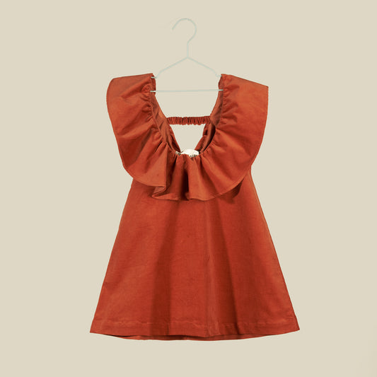 Vestito senza maniche con balze in velluto rame
