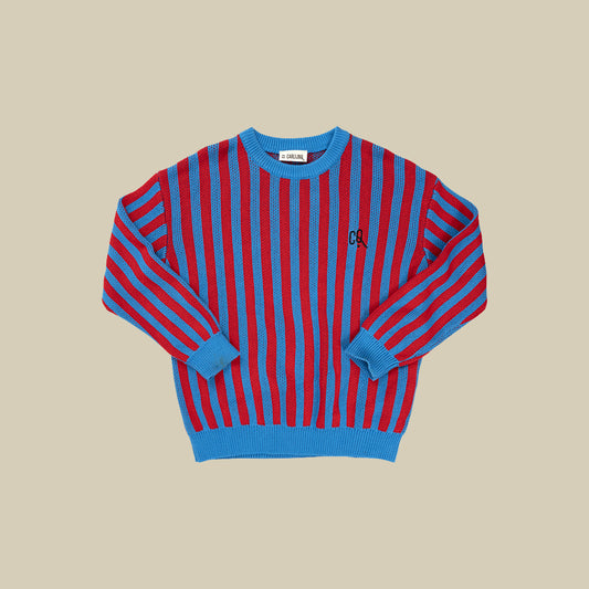 Maglione girocollo a righe blu e rosse