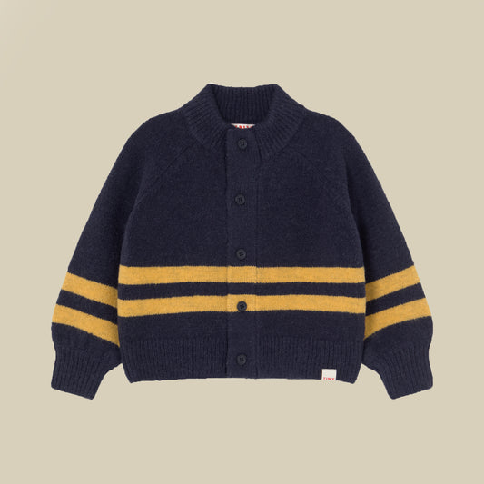 Cardigan blu navy e righe gialle