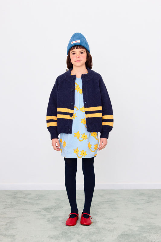 Cardigan blu navy e righe gialle