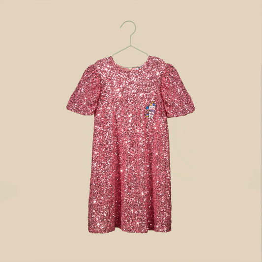 Vestito paillettes rosa con maniche a sbuffo
