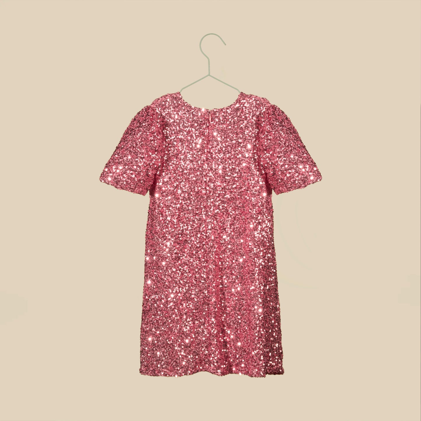 Vestito paillettes rosa con maniche a sbuffo