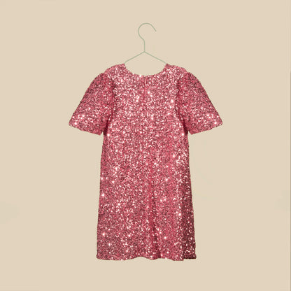 Vestito paillettes rosa con maniche a sbuffo