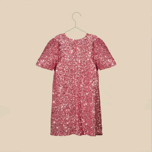 Vestito paillettes rosa con maniche a sbuffo