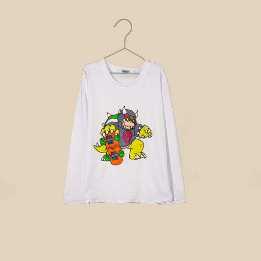 T-shirt bianca manica lunga Bowser