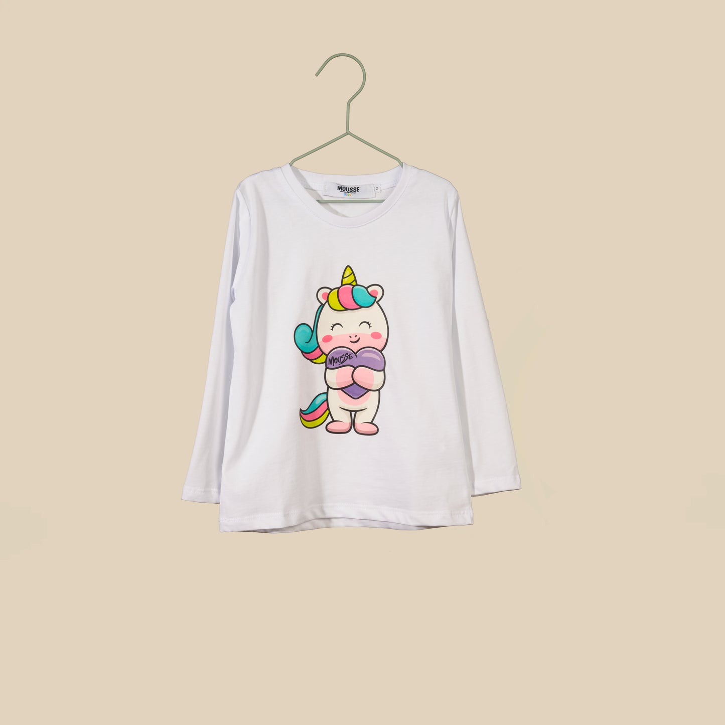 T-shirt bianca manica lunga Unicorno